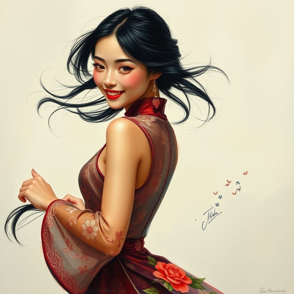 Elegant Oriental Girl Dancing, as Impasto Painting
