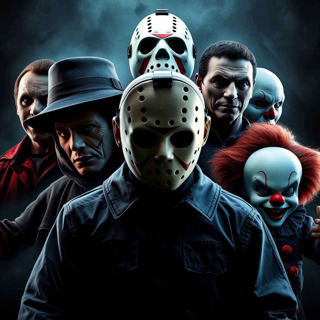 Create an image with six iconic horror movie villains (Jason...