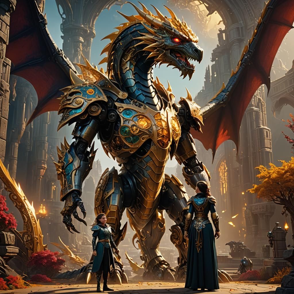 Aristocrat and Mechanical Dragon in High Fantasy Art