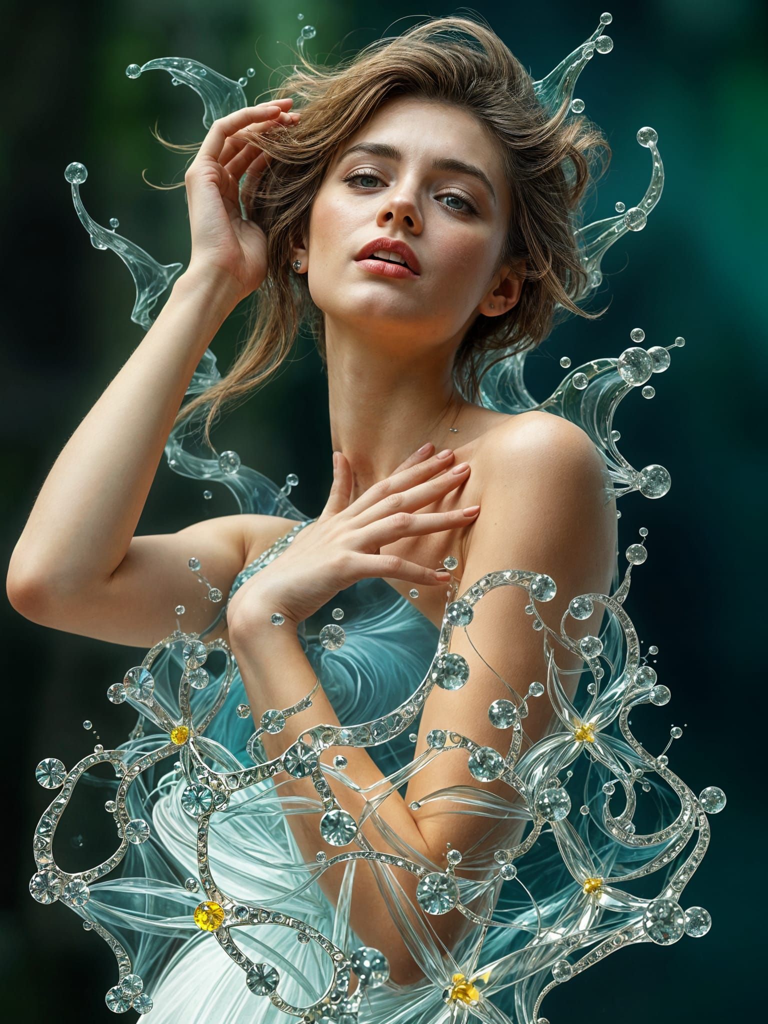 Glass Woman Blends with Nature in Fractal Surrealism