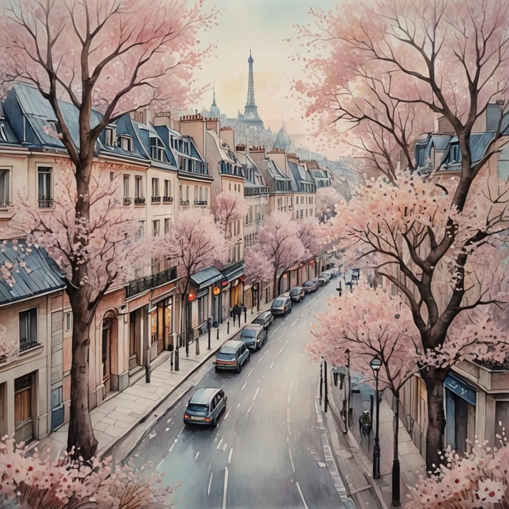 Parisian Street Scene in Watercolour Style