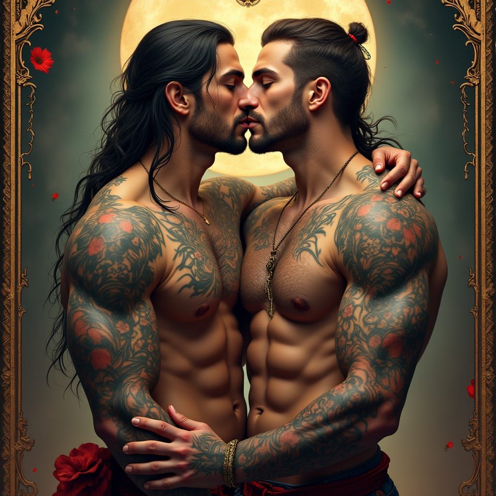 American Traditional Tarot The Lovers: Tattooed Muscular Men...