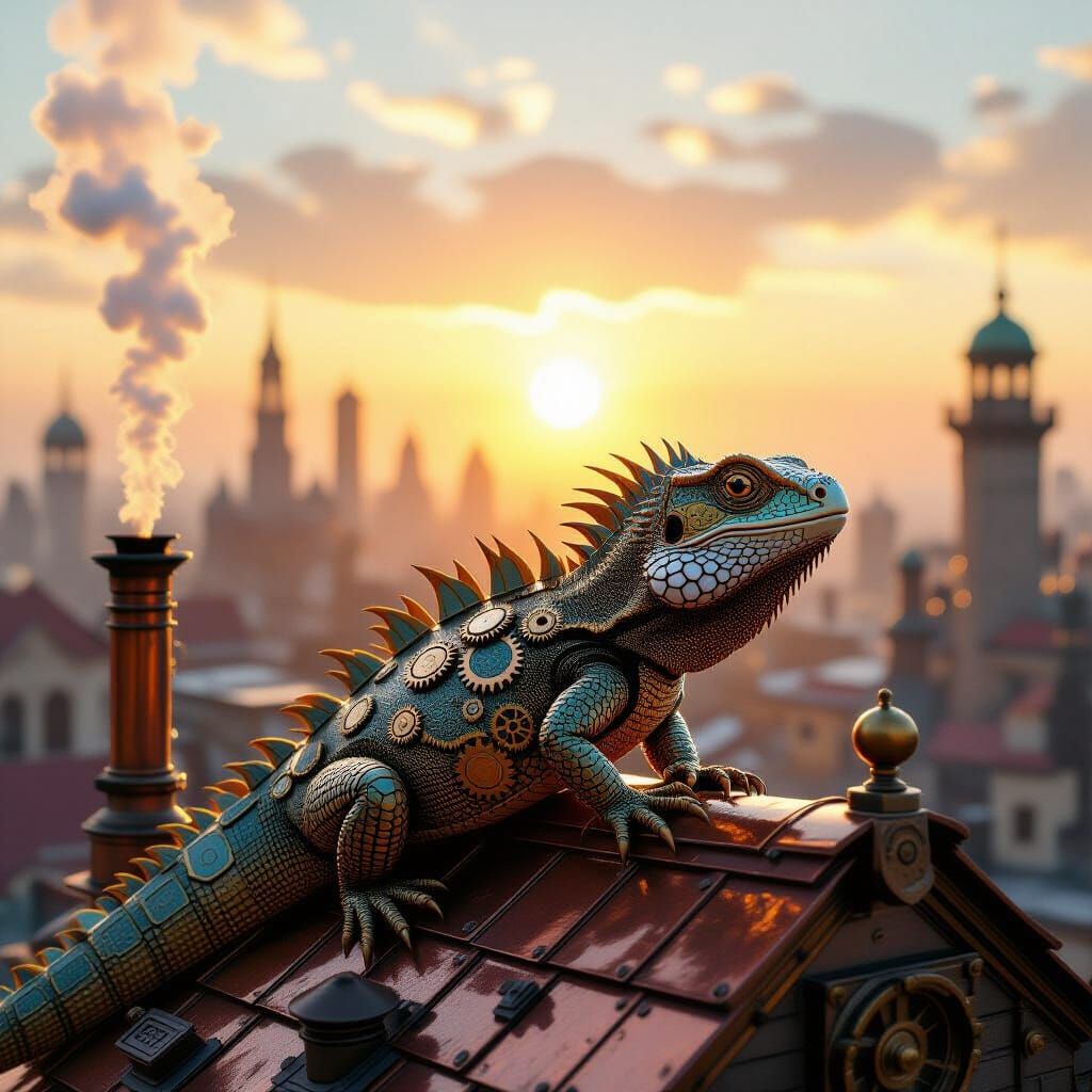 Gear-Lizard Sunrise on Steampunk City Rooftop