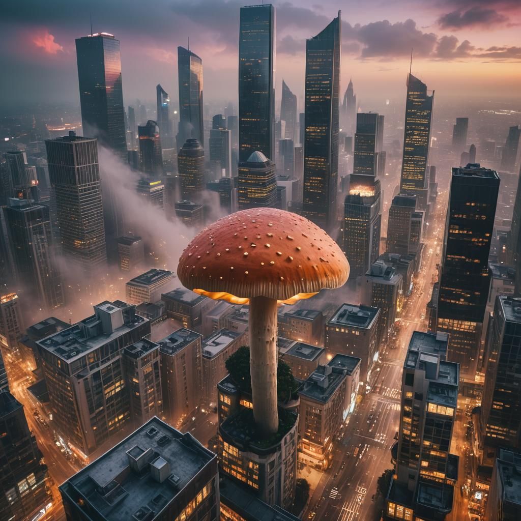 Surreal Mushroom Cityscape in Dreamlike Colors