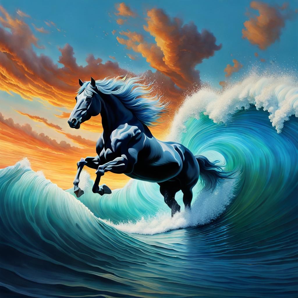 Ocean Wave Horse Fantasy in Detailed Gouache Style