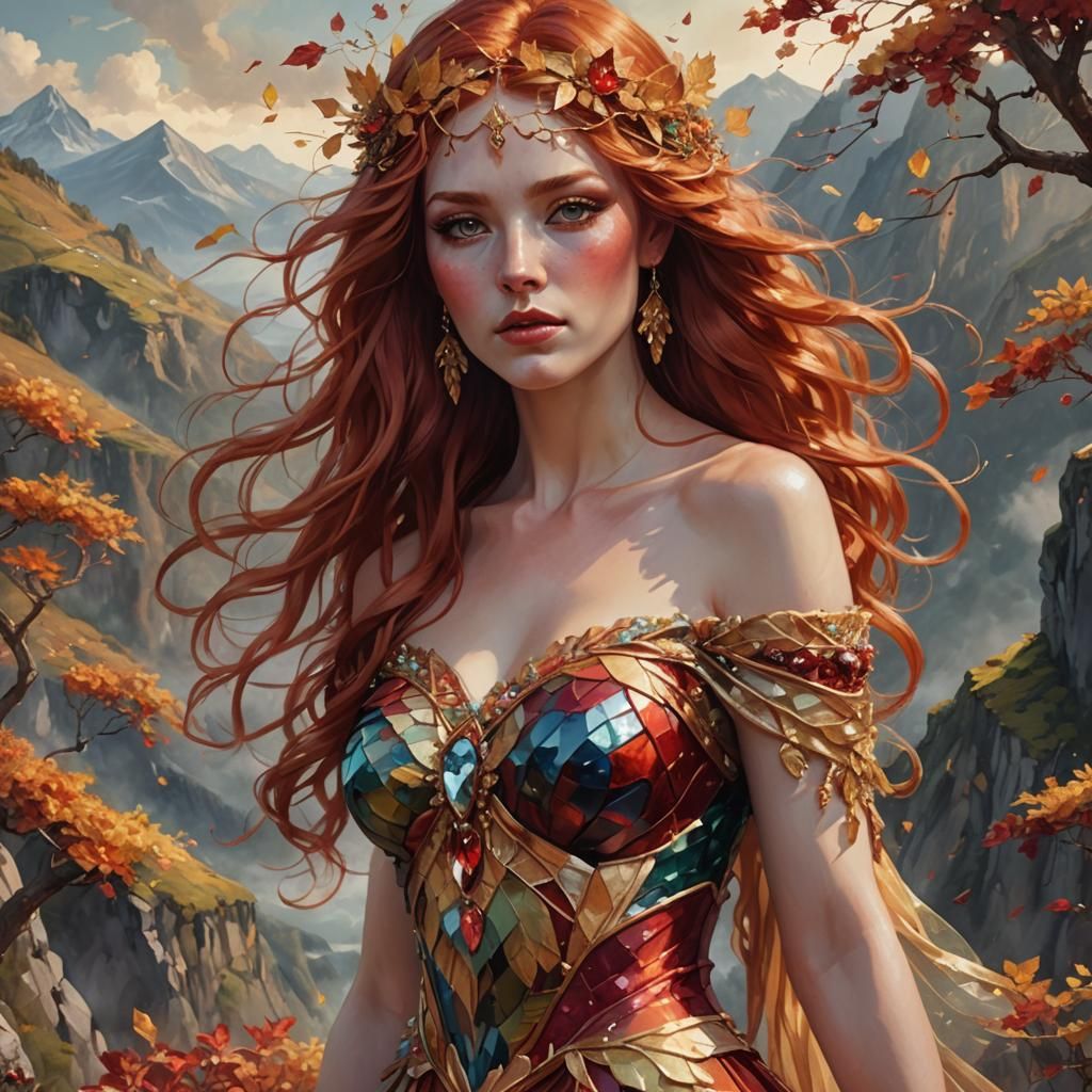 Ethereal Goddess with Flowing Red Hair, Digital Painting