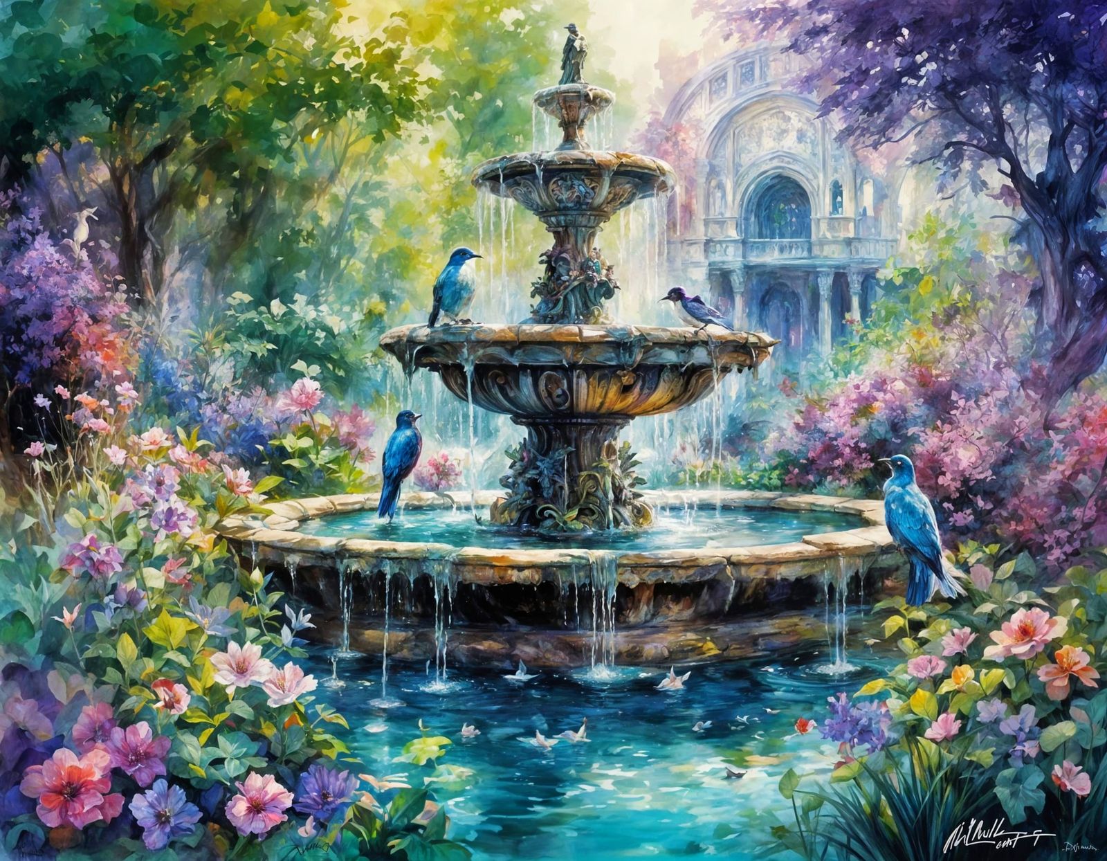Magical Garden Fountain with Purple Birds