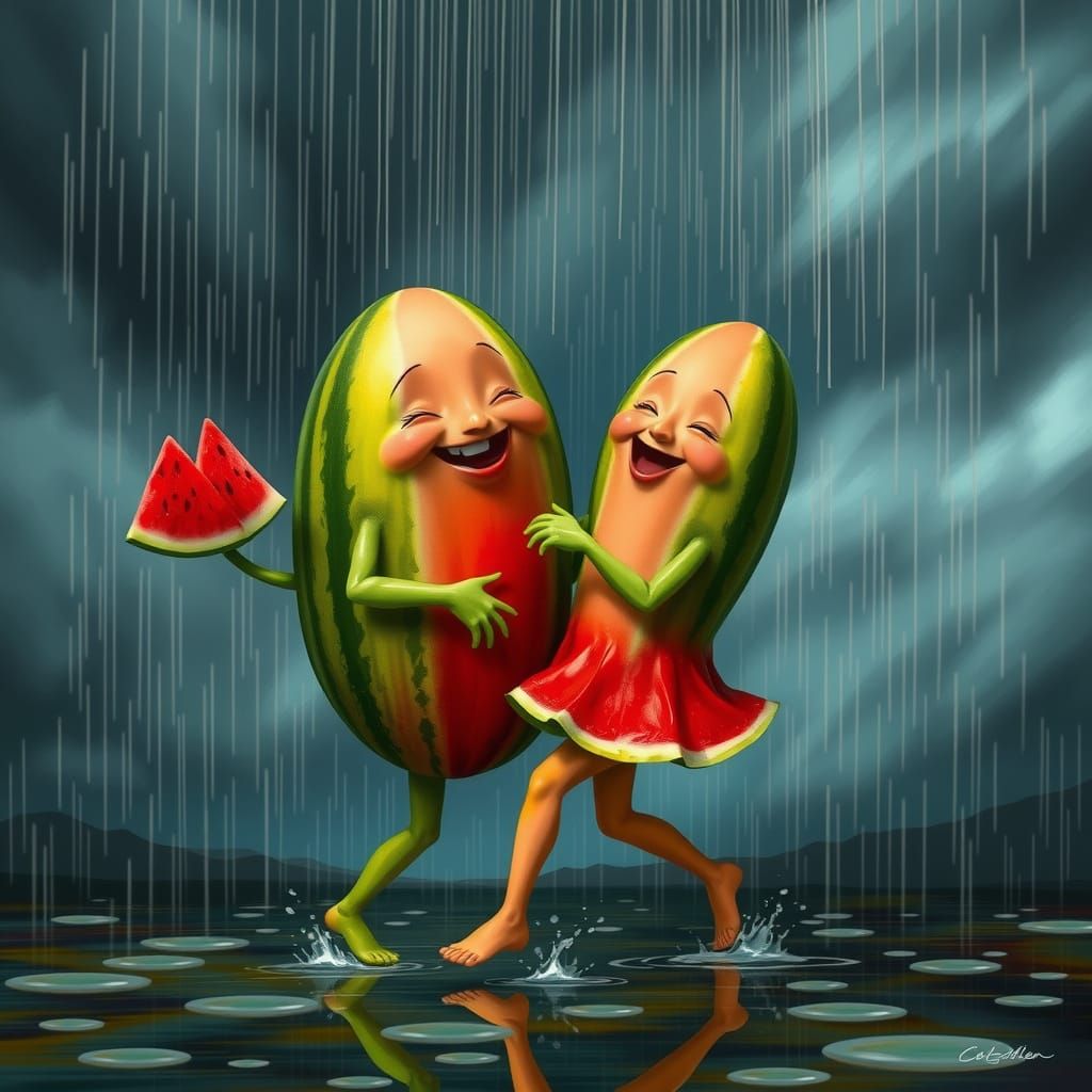 Surreal Watermelon Dancers in Colorful Rain