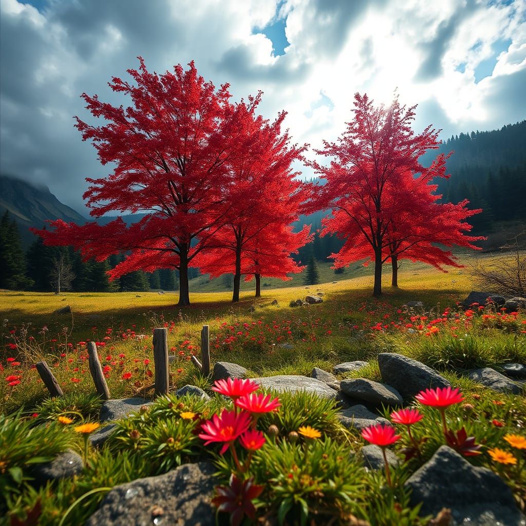 Red Maple Trees in a Sunlit Valley