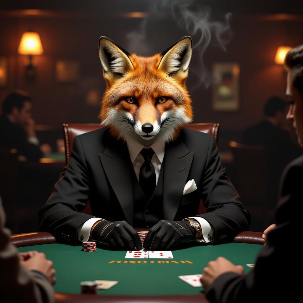 Fox Playing Poker in Noir Style