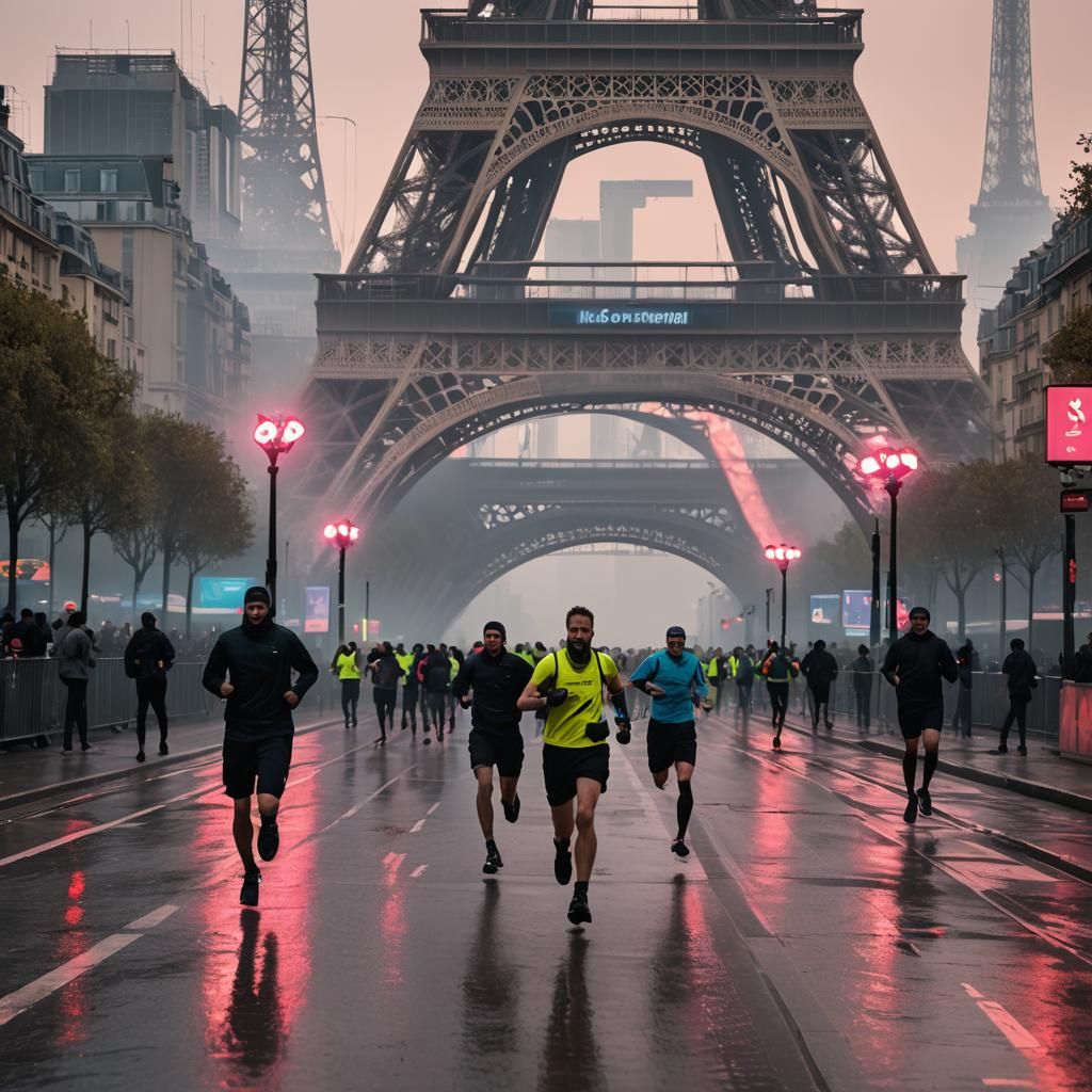 Eiffel Tower Marathon in Cyberpunk 2099 Style