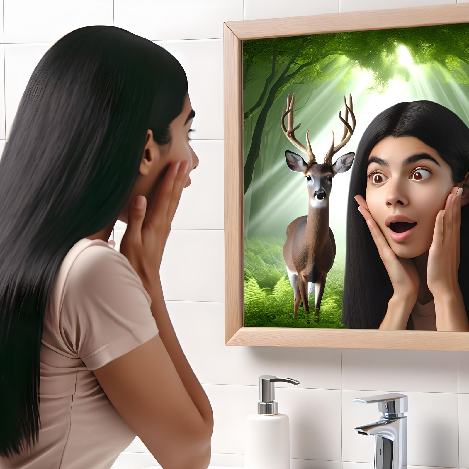 Surreal Reflection: Woman and Deer in Forest