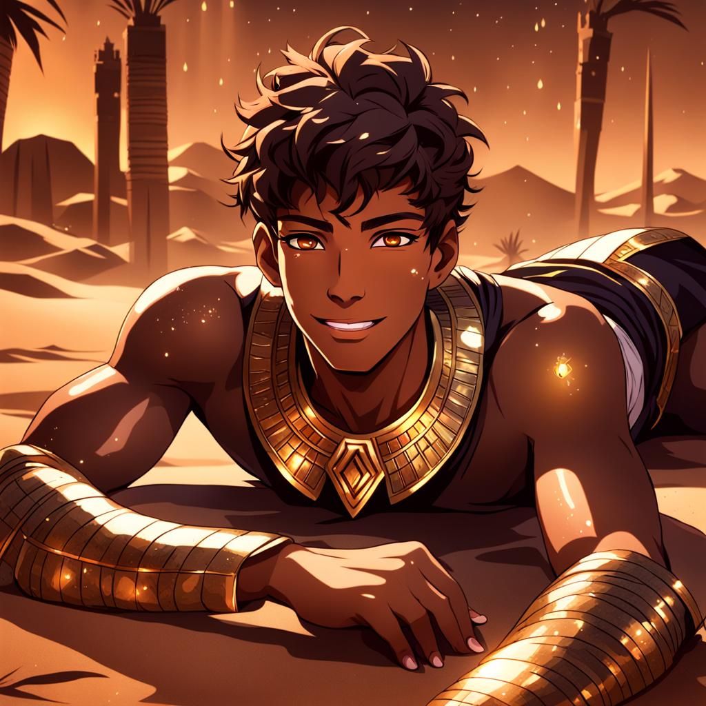 Anime Boy in Egyptian Costume in Desert Oasis