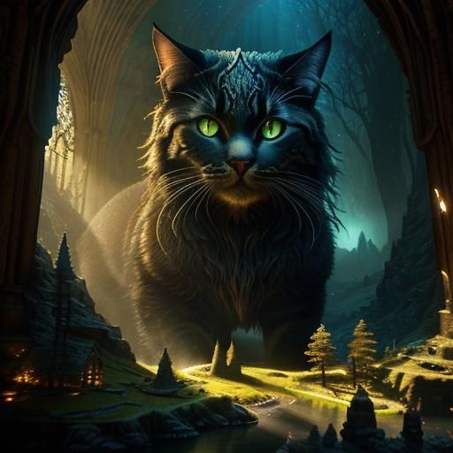 Ancient Cats in Gothic Library with Lady