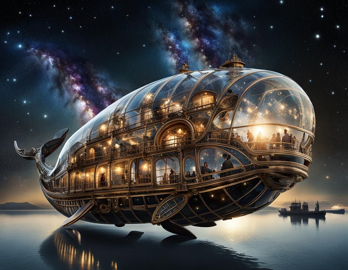 Steampunk Travelers in Colossal Glass Whale Boat