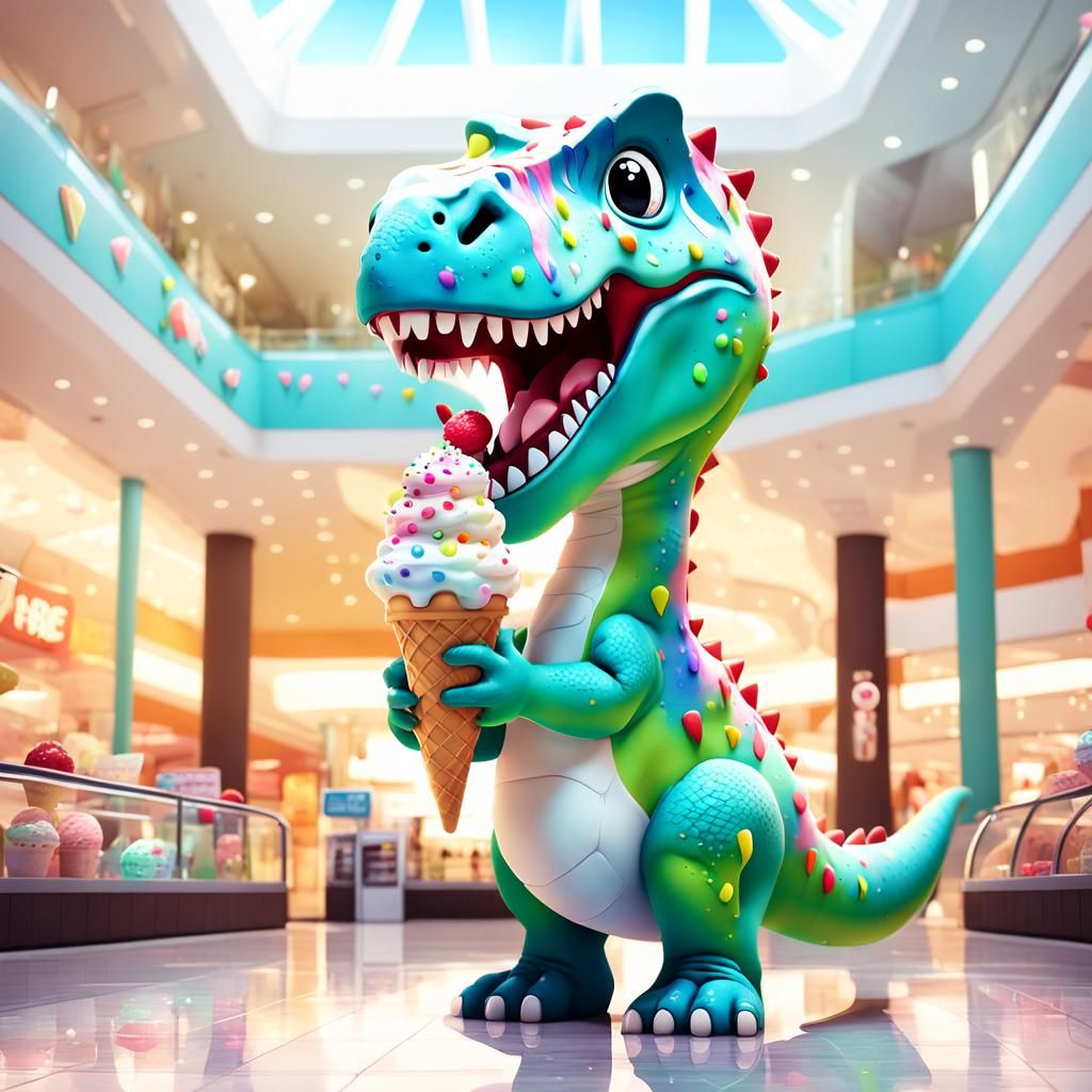 T-Rex Eats Ice Cream in Chibi Anime Style