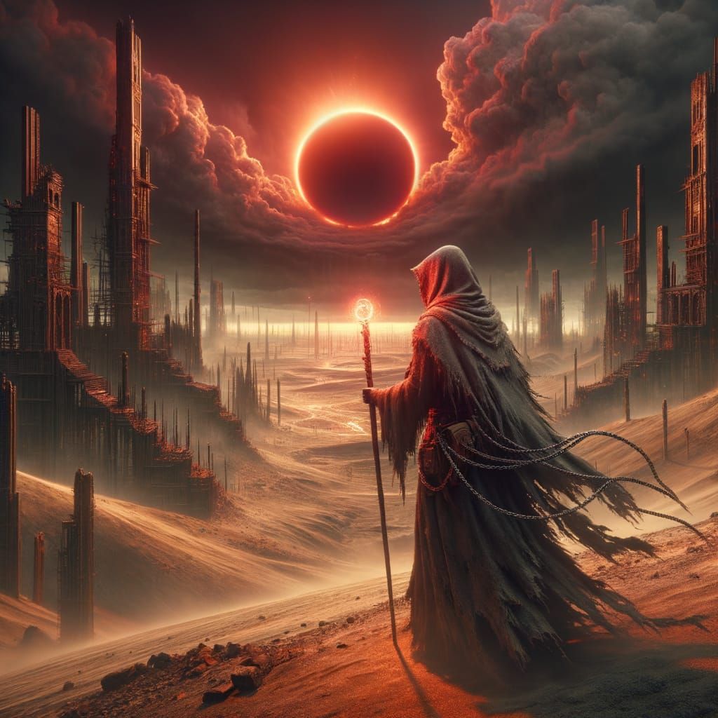 Pilgrim of Iron Eclipse in Wasteland Landscape