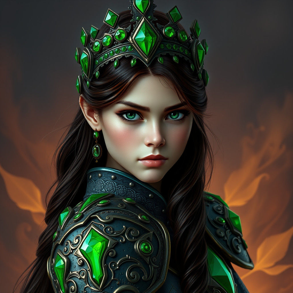 Warrior Girl in Green Jewel Armor, Digital Matte Painting