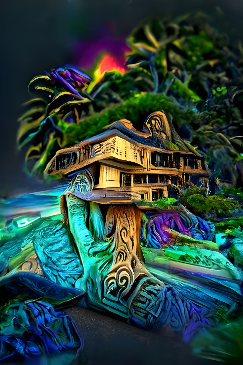 Hand carved redwood burlwood home next to Waimea Bay