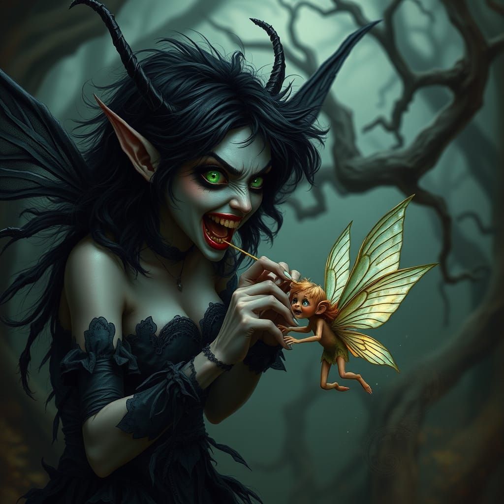 Dark Fairy Plucks Wings in Haunting Dark Forest Scene