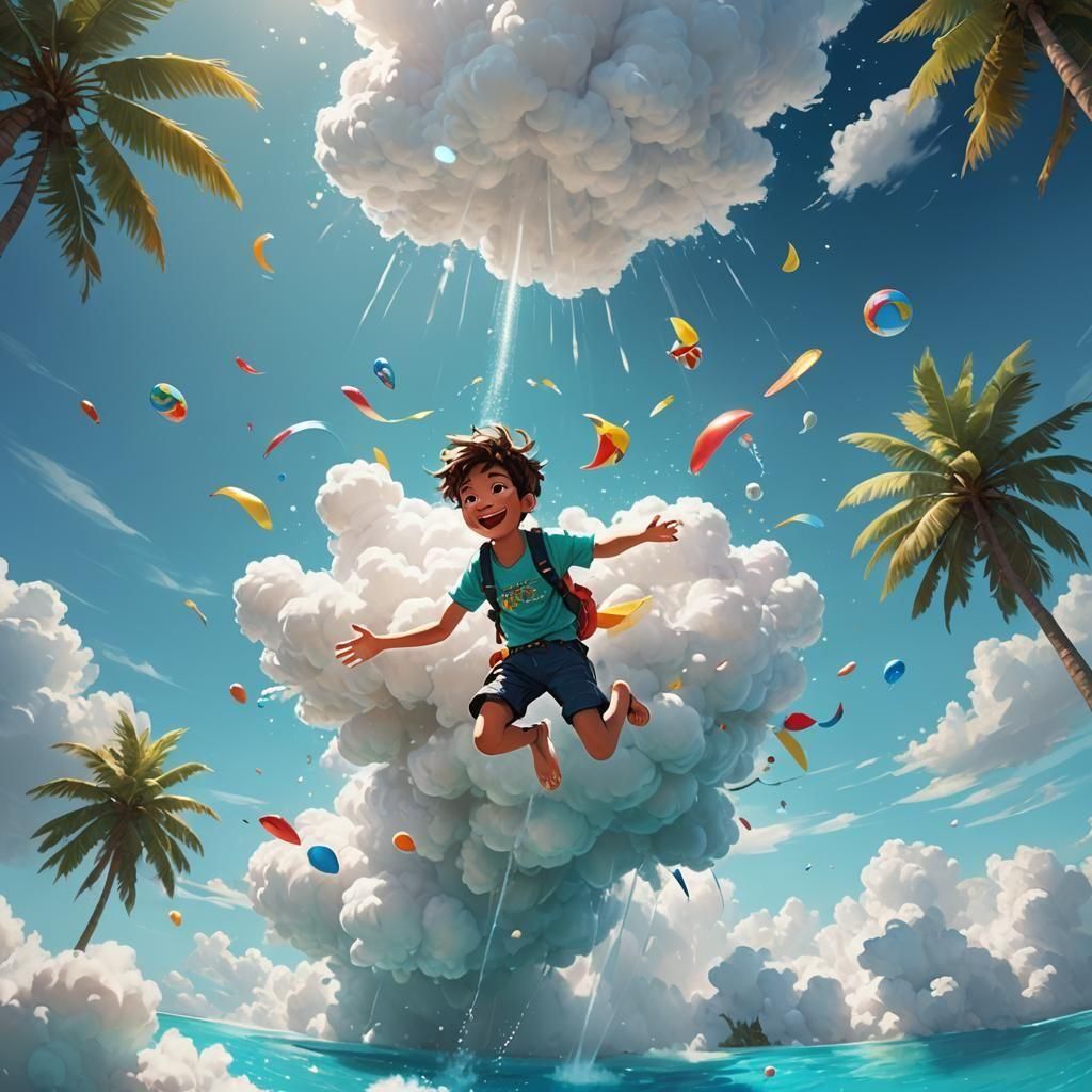 Teenager Skydiving from Cloud, Art Nouveau Style