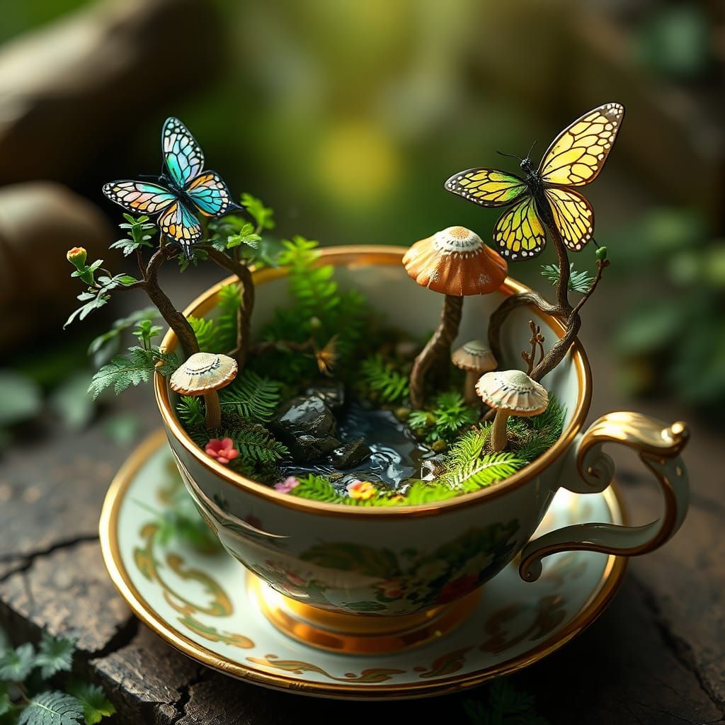Enchanted Forest in Teacup, Whimsical Fairy Scene