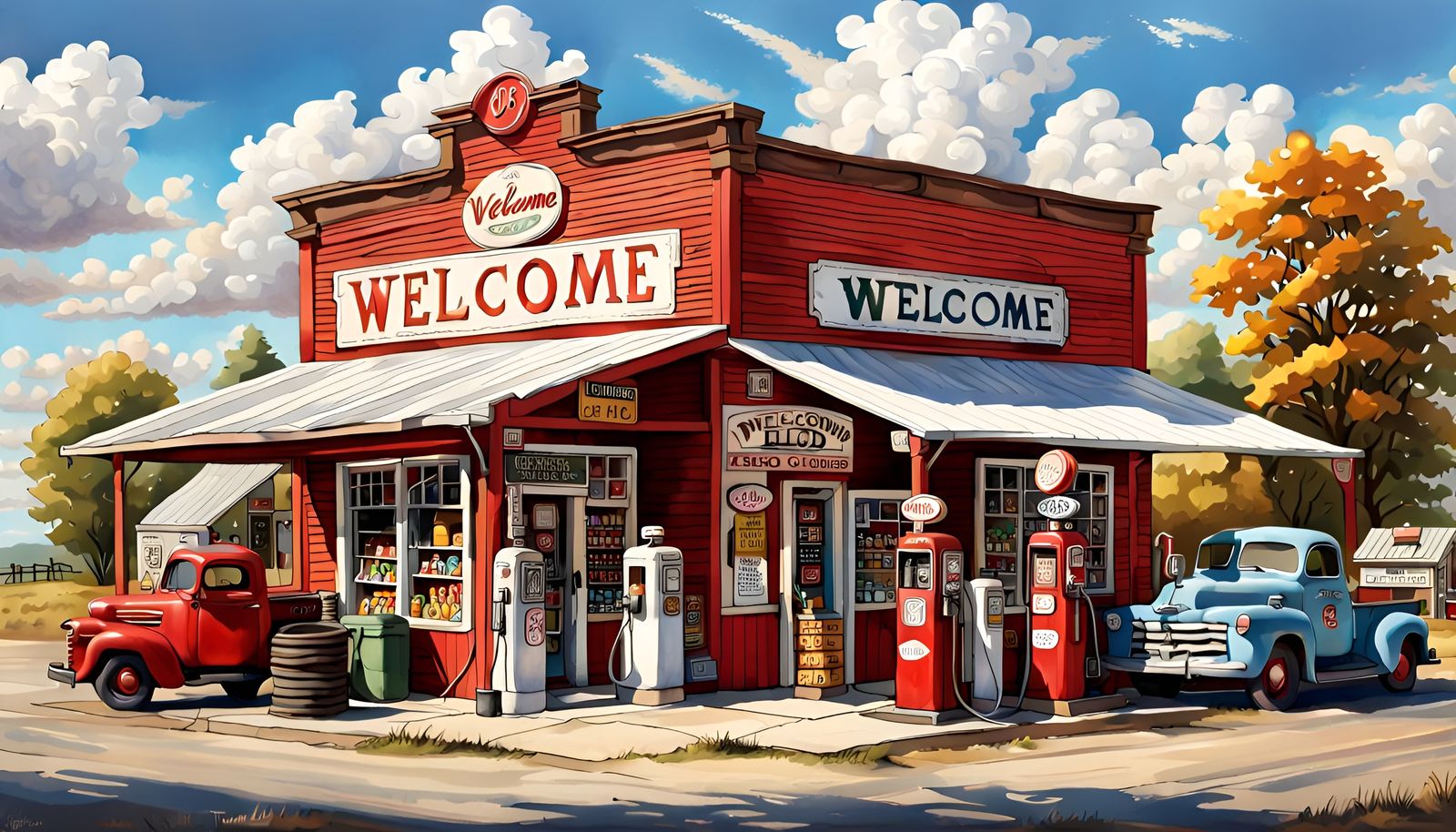 Charming Country Store on a Sunny Day as Retro Oil Painting