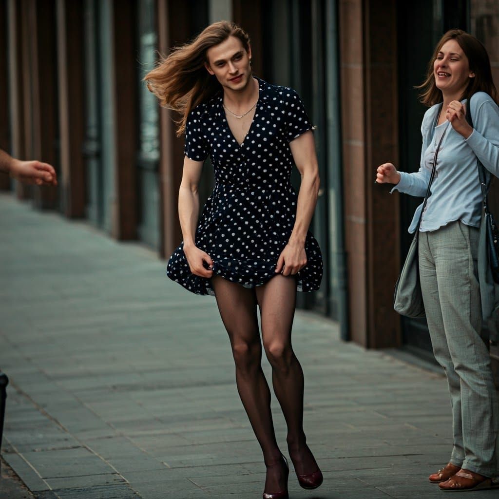 Young Masculine Figure Embarrassed in Polka Dot Dress, Mini...