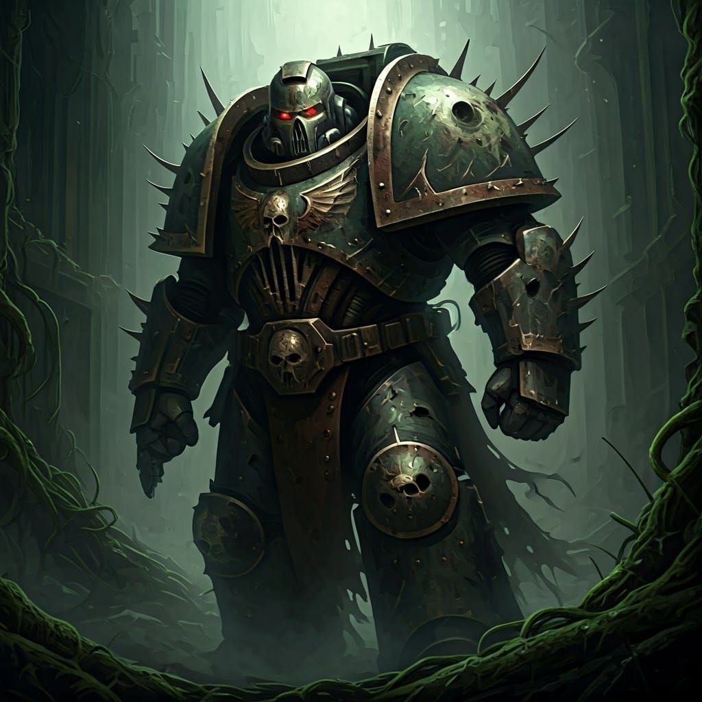 Decaying Plague Marine in Ruined Cityscape