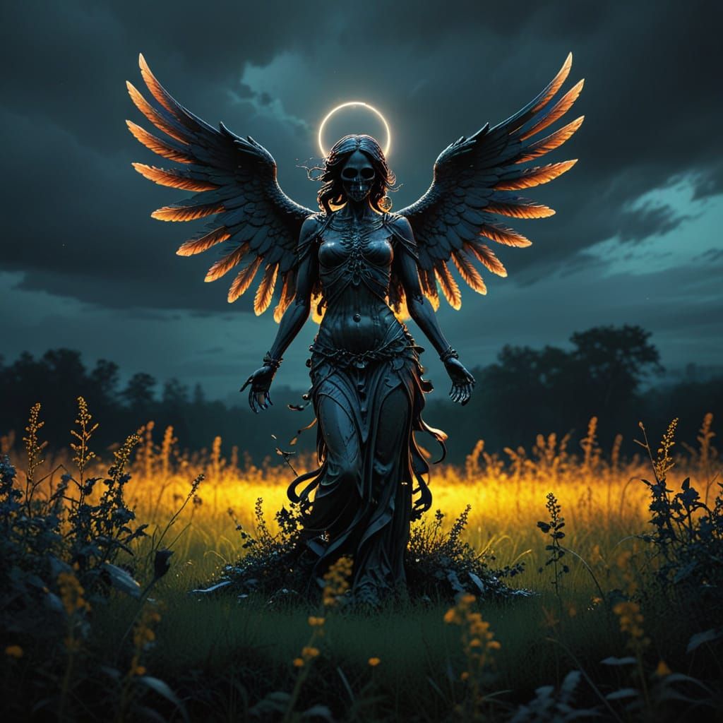 Ethereal Death Angel Standing in a Vibrant Meadow