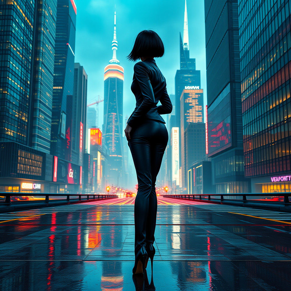 Confident Woman Overlooking Futuristic Cityscape in Gritty R...