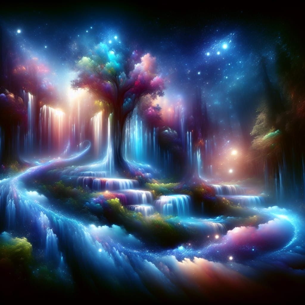 Dreamy Utopian Fantasy Scene with Enchanted Waterfall
