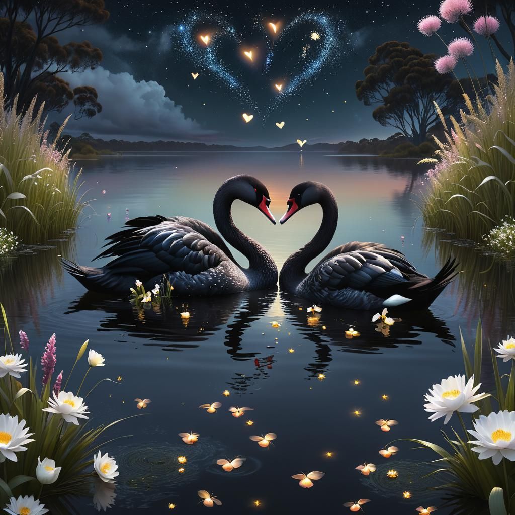 Serene Black Swans in Dusk, Digital Art