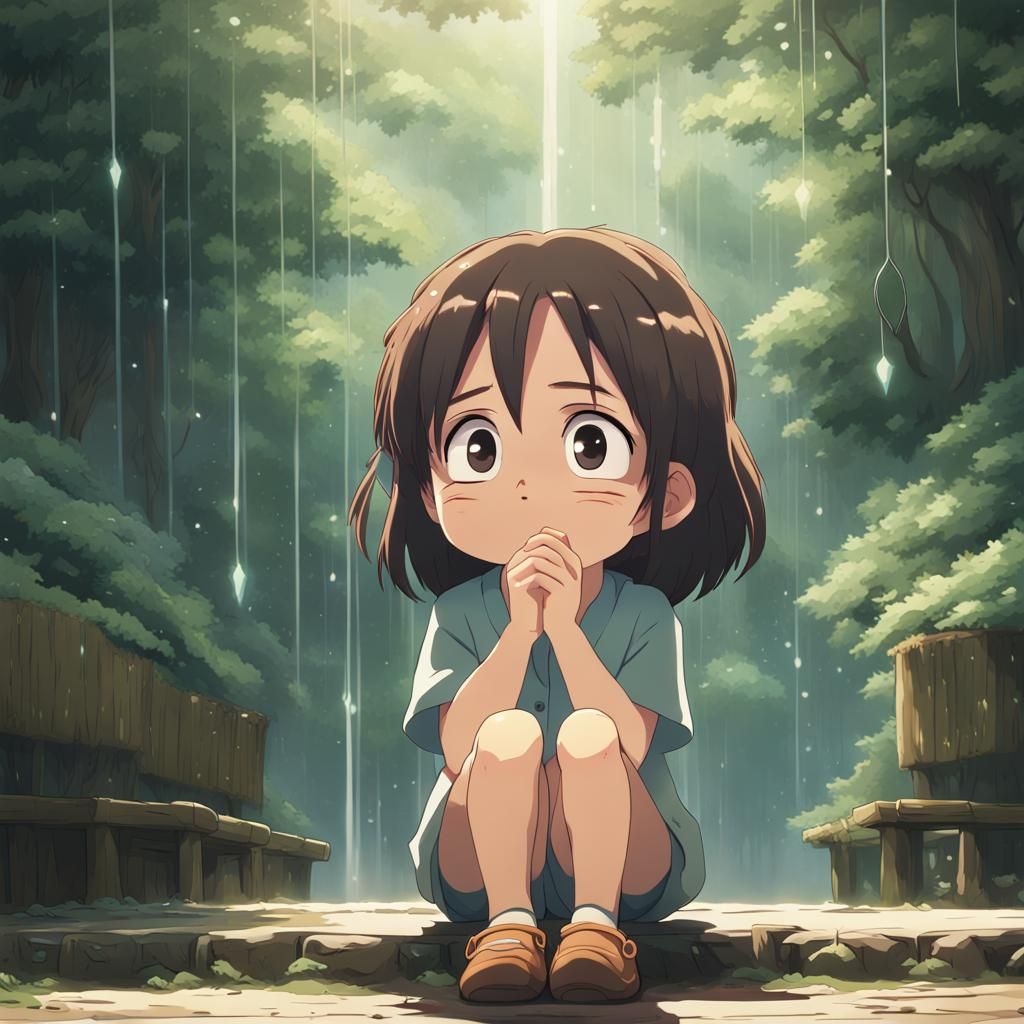 Crying Chibi Girl in Studio Ghibli Anime Style
