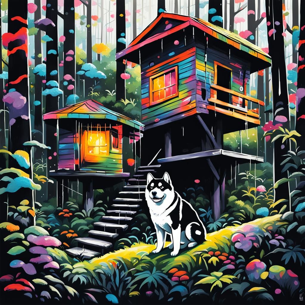 Lost Shiba Inu in Forest: Graffiti Street Art