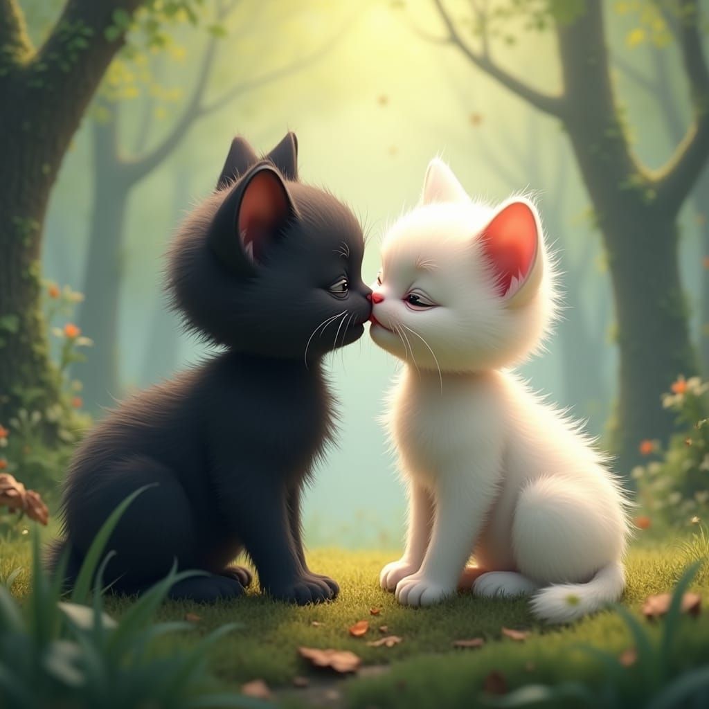 Whimsical Kitten Kiss in a Forest Glade