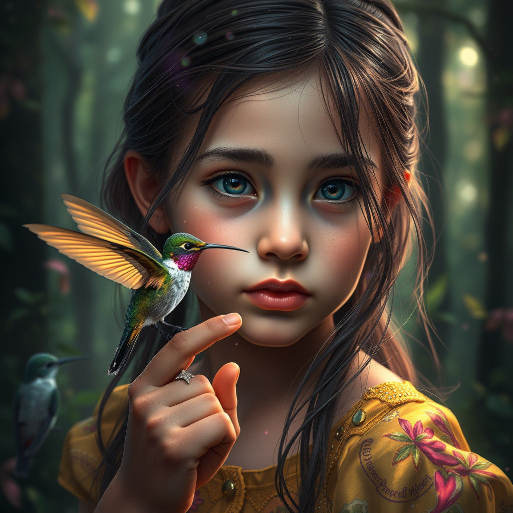 Girl with Hummingbird: Art Nouveau Portrait
