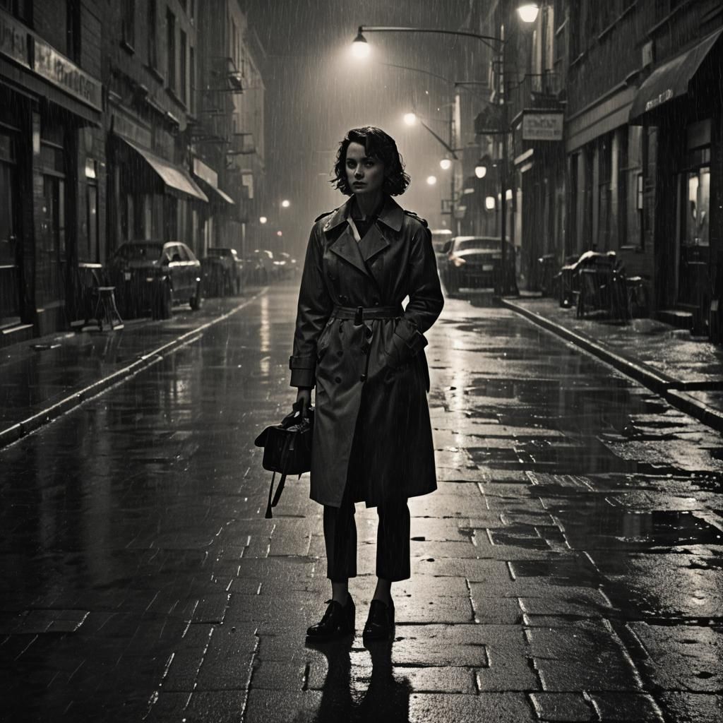 Film Noir Woman in Rainy City Alley