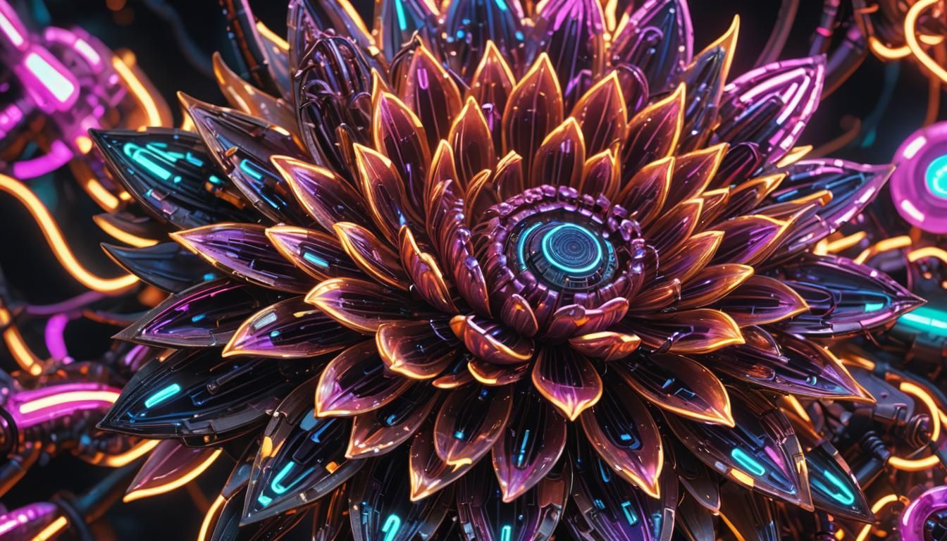 Fluorescent Colors atmosfere. a mesmerizing image of a cybernetic flower