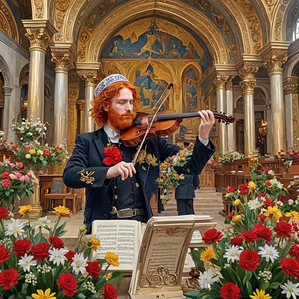 Red-Haired Jew Plays Violin in Synagogue