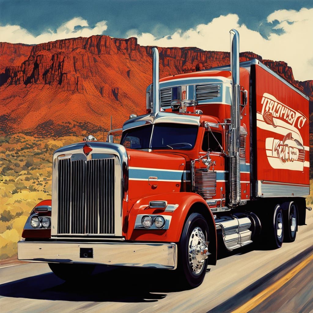 B.J. McKay and Bear in Kenworth Truck on Highway