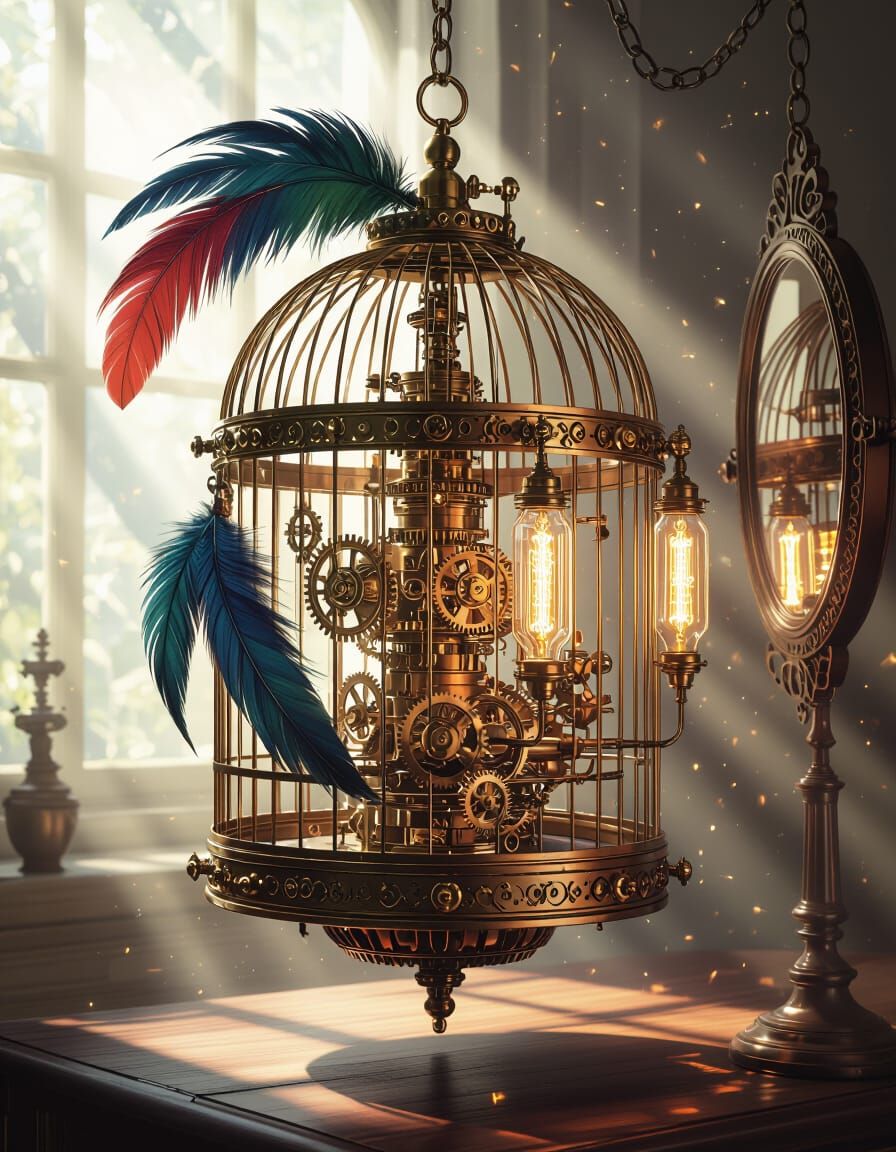 Steampunk Birdcage with Gears and Glowing Tubes