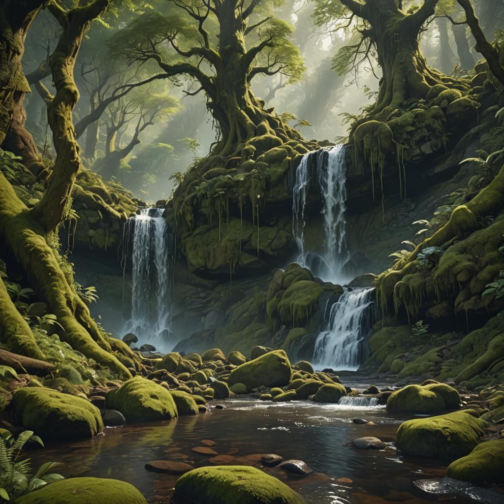 Tranquil Waterfall Scene in Forest Concept Art