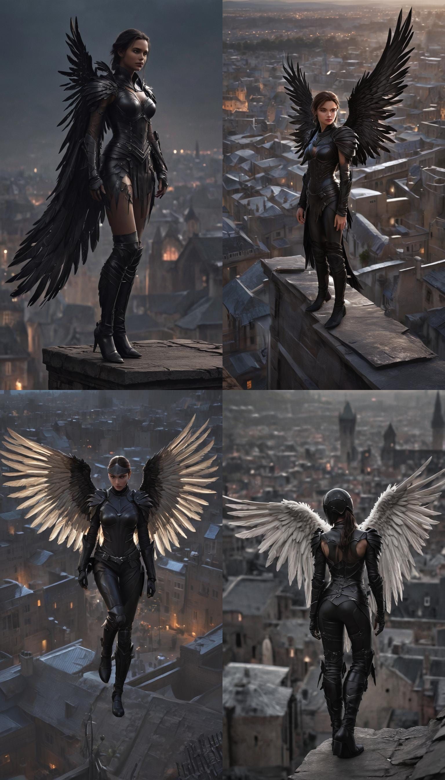 A stealthy angel dressed in dark leather armor, designed for...