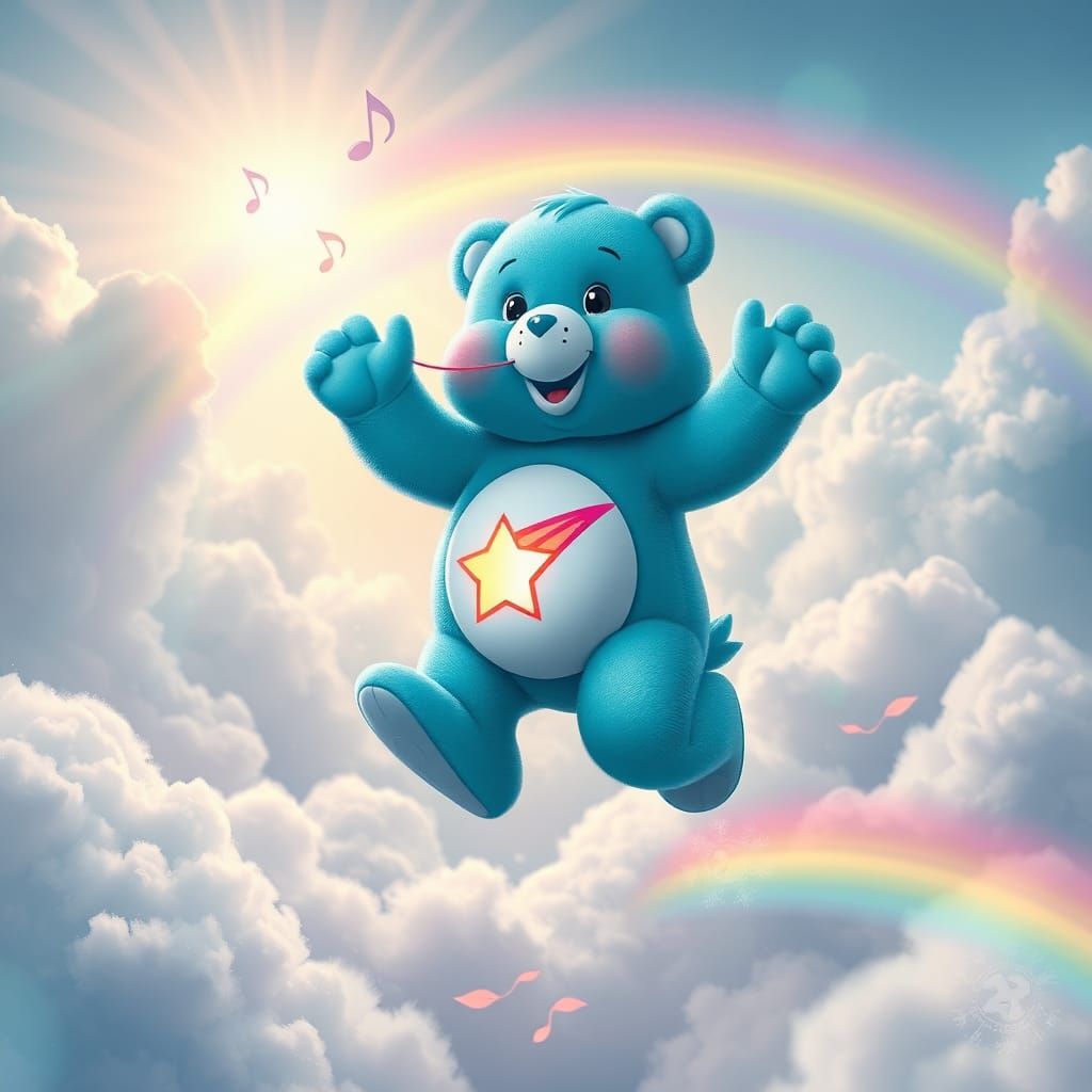 Care Bear Leaps Through Rainbow Sky, Digital Art