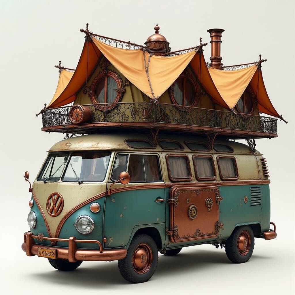 Steampunk Camper Van Lodge in Syd Mead Style