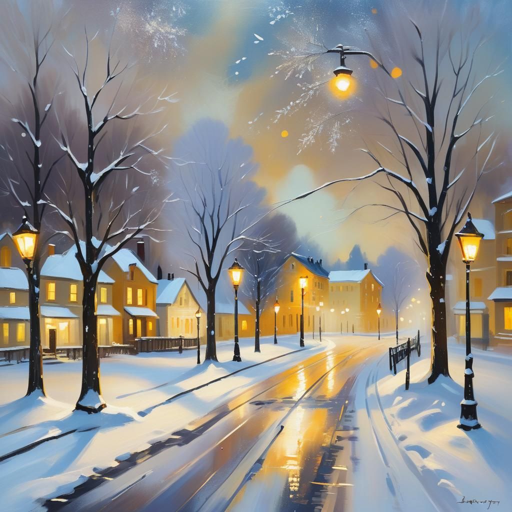 Serene Snowfall: Impressionist Winter Nightscape in Golden L...
