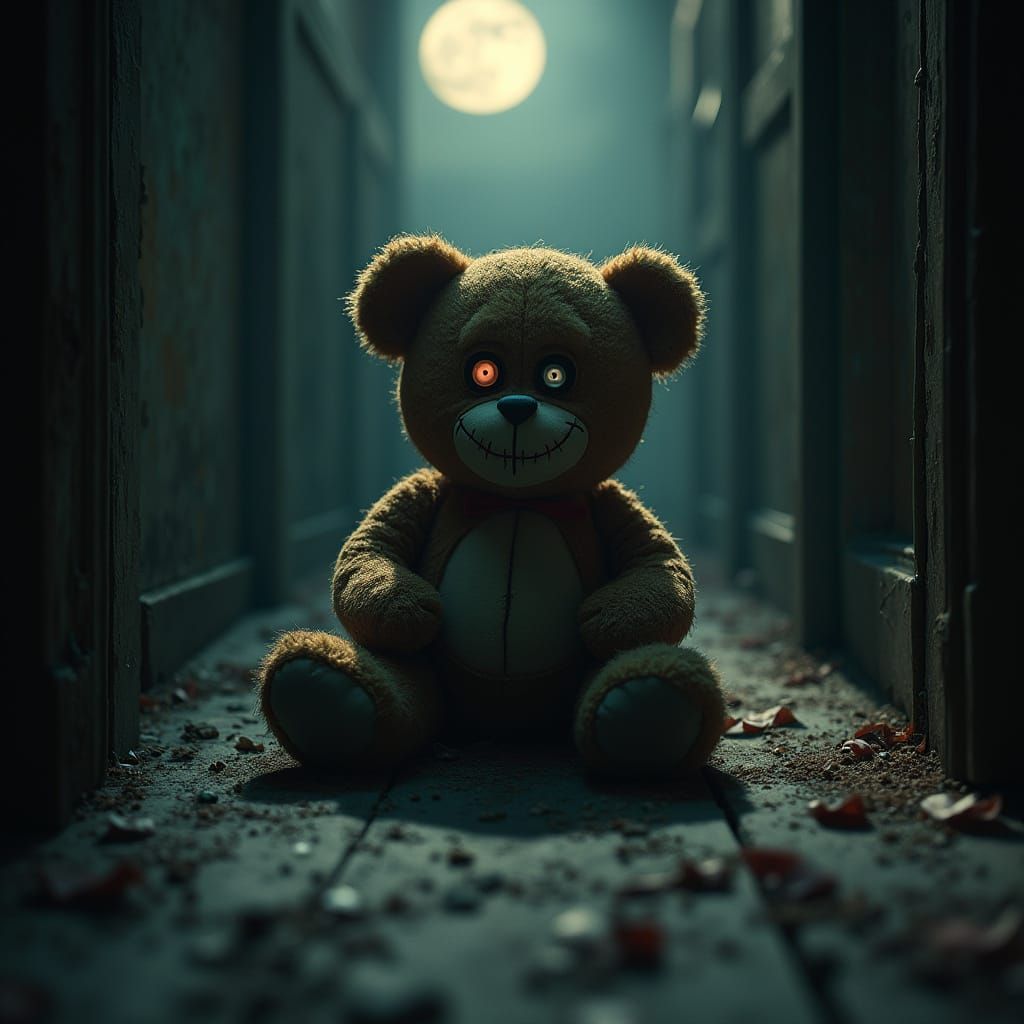 Tattered Teddy Bear in Moonlit Attic, Gothic Horror Style