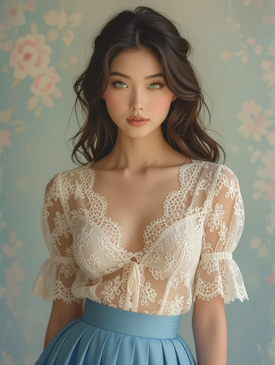 Stunning Asian Pin-Up Portrait in Whimsical Digital Style