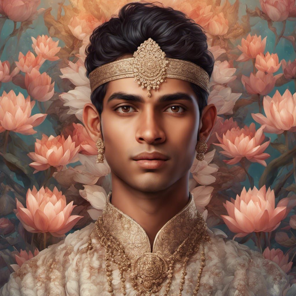 Indian Boy Portrait with Lotus Flowers, Concept Art